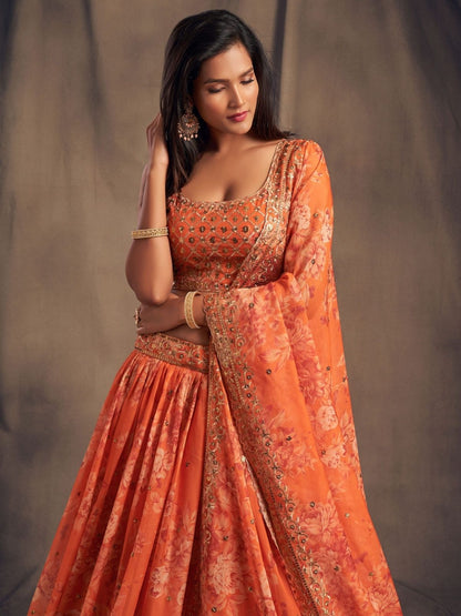 Odette Orange Organza Printed Semi Stitched Lehenga With Unstitched Blouse For Women