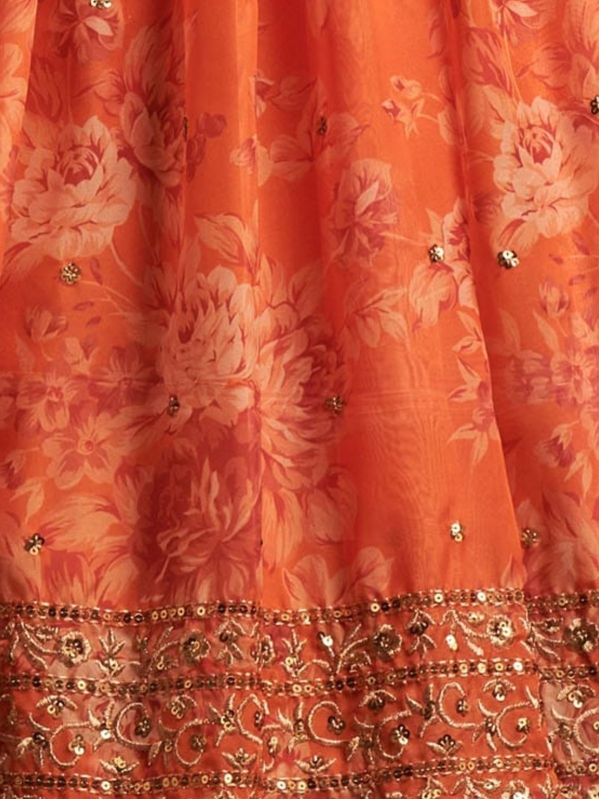 Odette Orange Organza Printed Semi Stitched Lehenga With Unstitched Blouse For Women