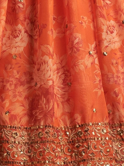 Odette Orange Organza Printed Semi Stitched Lehenga With Unstitched Blouse For Women