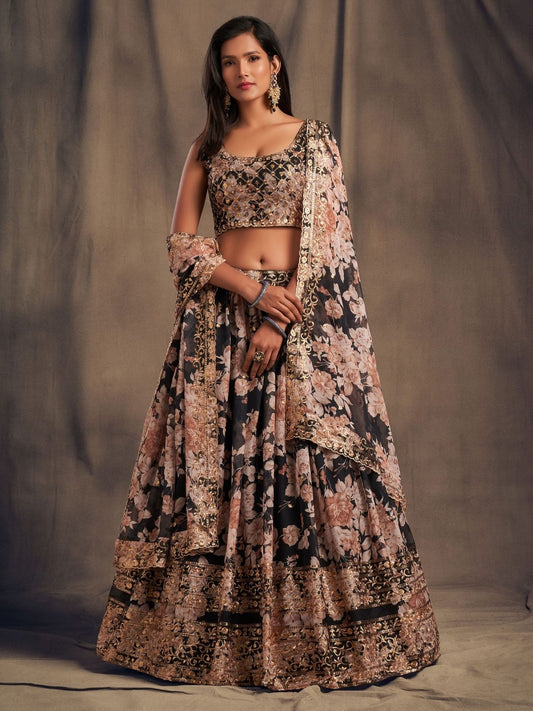 Odette Black Organza Printed Semi Stitched Lehenga With Unstitched Blouse For Women