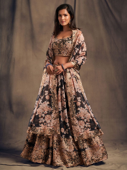 Odette Black Organza Printed Semi Stitched Lehenga With Unstitched Blouse For Women