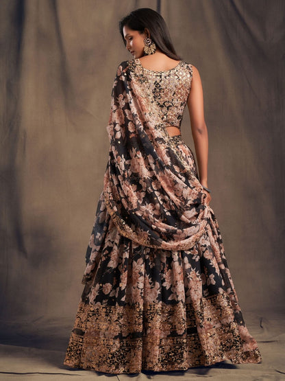 Odette Black Organza Printed Semi Stitched Lehenga With Unstitched Blouse For Women