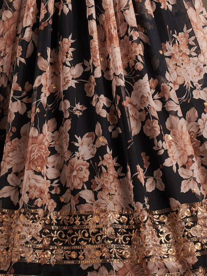 Odette Black Organza Printed Semi Stitched Lehenga With Unstitched Blouse For Women