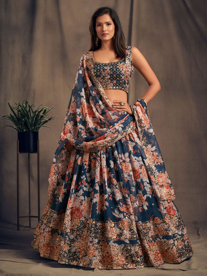 Odette Blue Organza Printed Semi Stitched Lehenga With Unstitched Blouse For Women