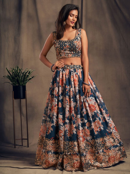 Odette Blue Organza Printed Semi Stitched Lehenga With Unstitched Blouse For Women
