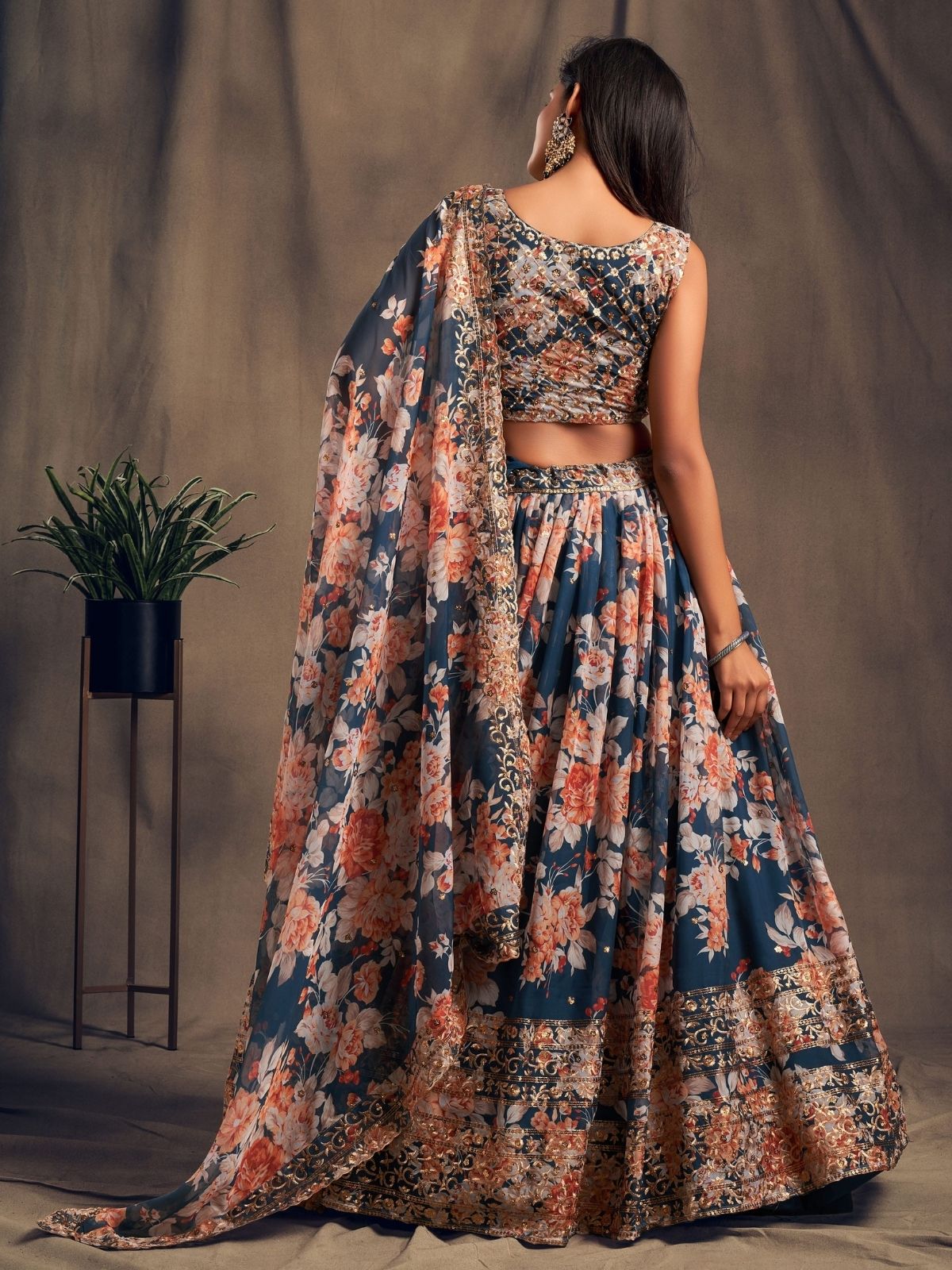 Odette Blue Organza Printed Semi Stitched Lehenga With Unstitched Blouse For Women