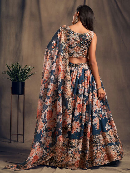 Odette Blue Organza Printed Semi Stitched Lehenga With Unstitched Blouse For Women