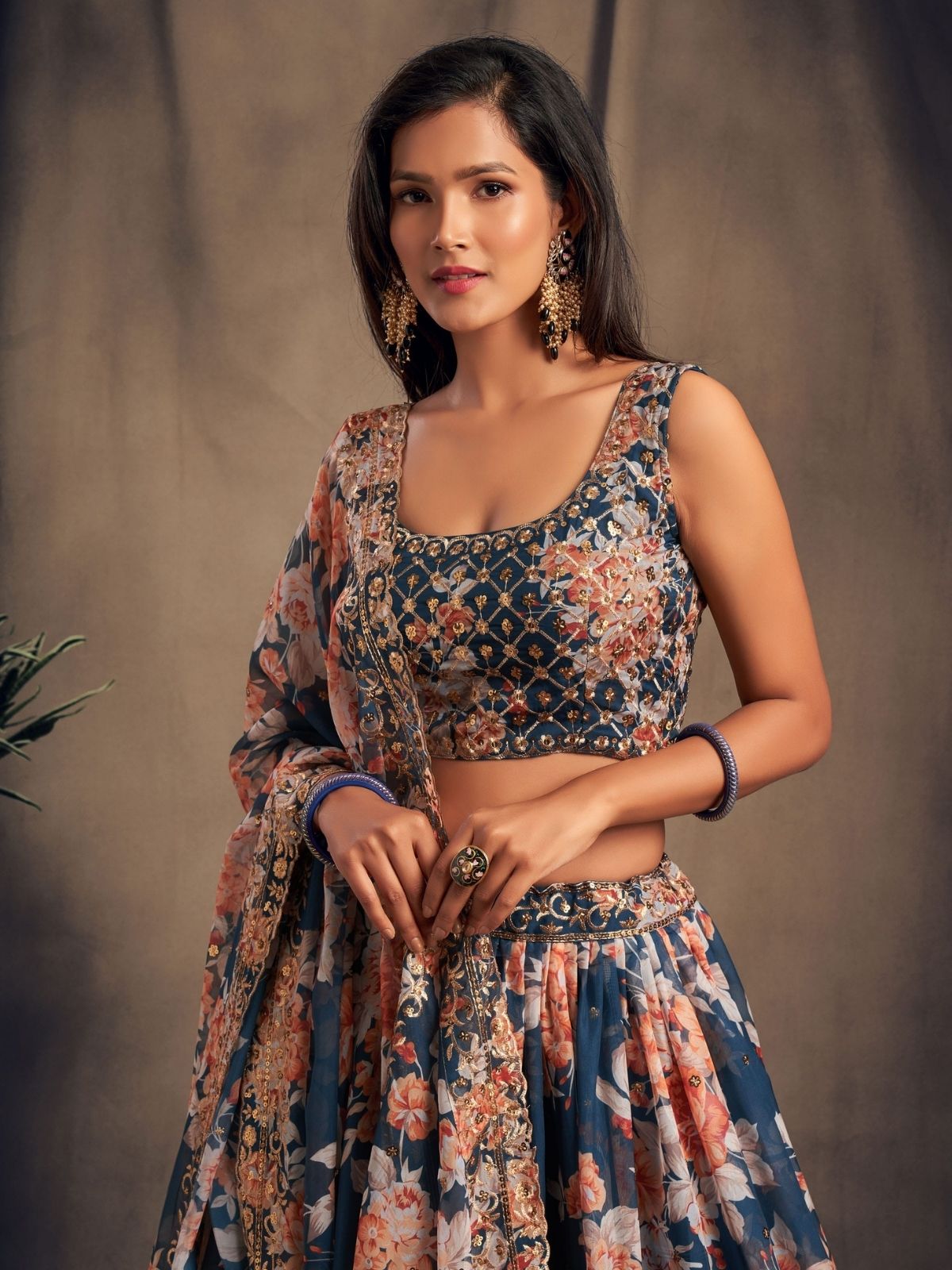 Odette Blue Organza Printed Semi Stitched Lehenga With Unstitched Blouse For Women