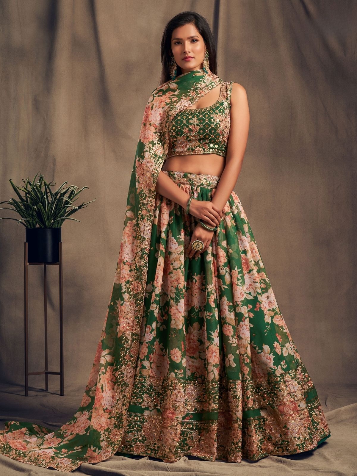 Odette Green Organza Printed Semi Stitched Lehenga With Unstitched Blouse For Women