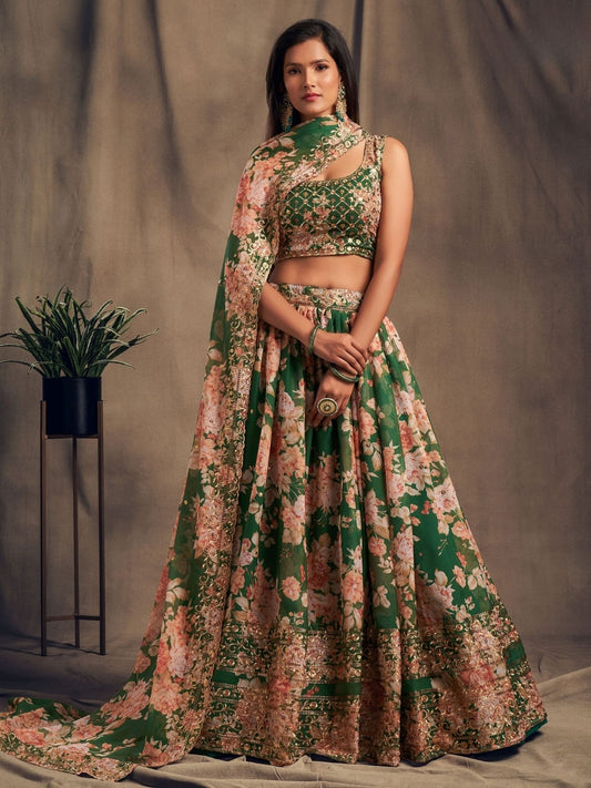 Odette Green Organza Printed Semi Stitched Lehenga With Unstitched Blouse For Women