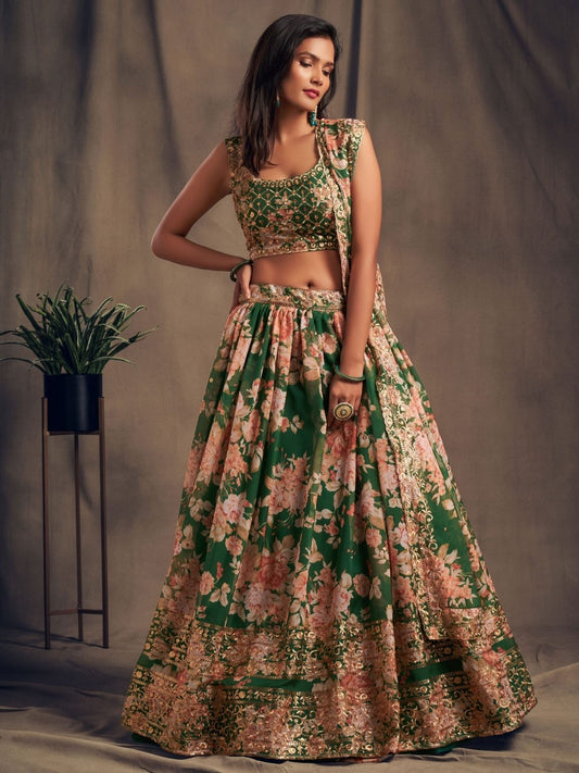 Odette Green Organza Printed Semi Stitched Lehenga With Unstitched Blouse For Women