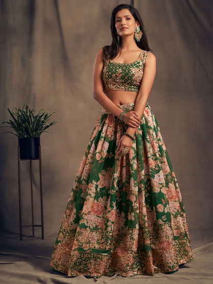 Odette Green Organza Printed Semi Stitched Lehenga With Unstitched Blouse For Women