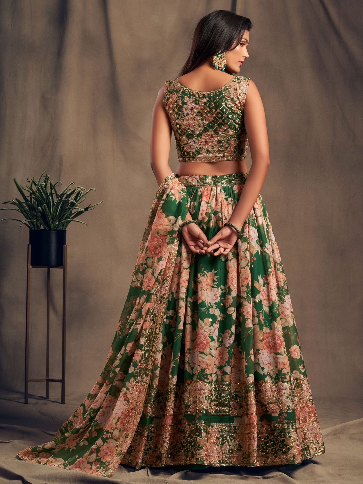 Odette Green Organza Printed Semi Stitched Lehenga With Unstitched Blouse For Women