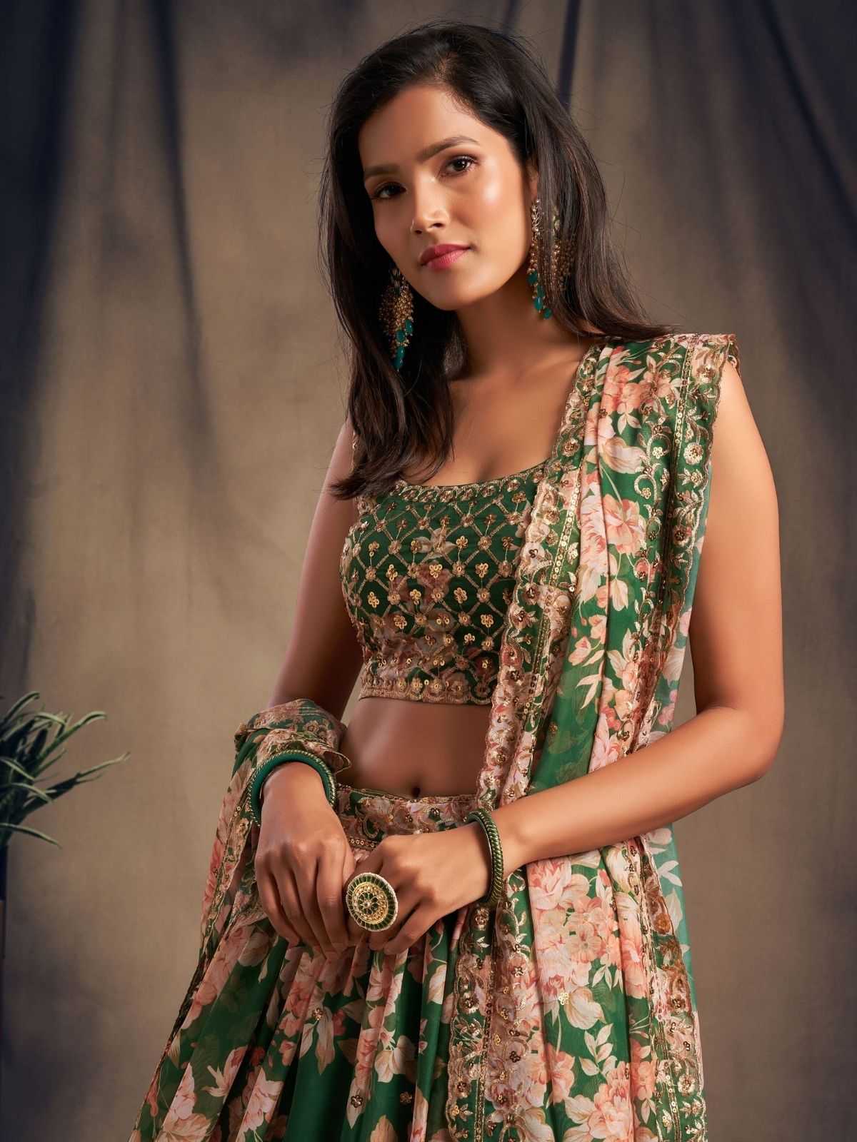 Odette Green Organza Printed Semi Stitched Lehenga With Unstitched Blouse For Women