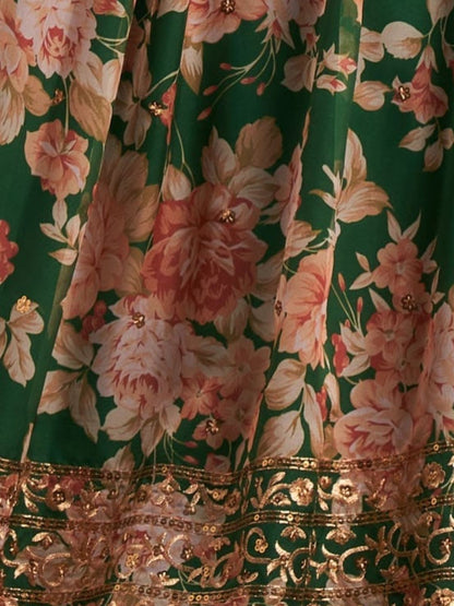 Odette Green Organza Printed Semi Stitched Lehenga With Unstitched Blouse For Women