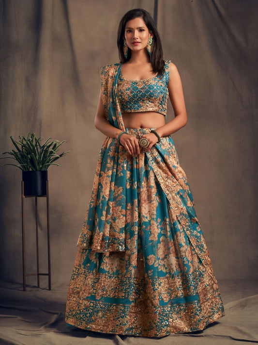 Odette Teal Organza Printed Semi Stitched Lehenga With Unstitched Blouse For Women