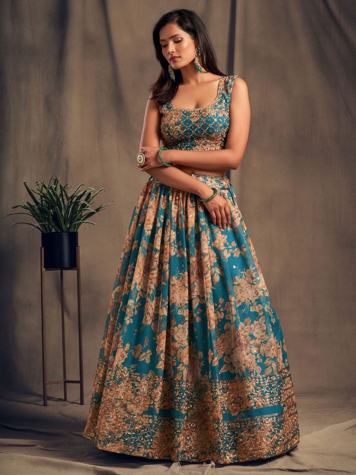 Odette Teal Organza Printed Semi Stitched Lehenga With Unstitched Blouse For Women