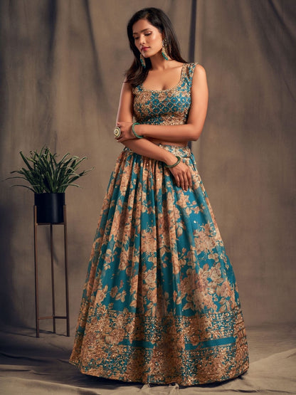 Odette Teal Organza Printed Semi Stitched Lehenga With Unstitched Blouse For Women