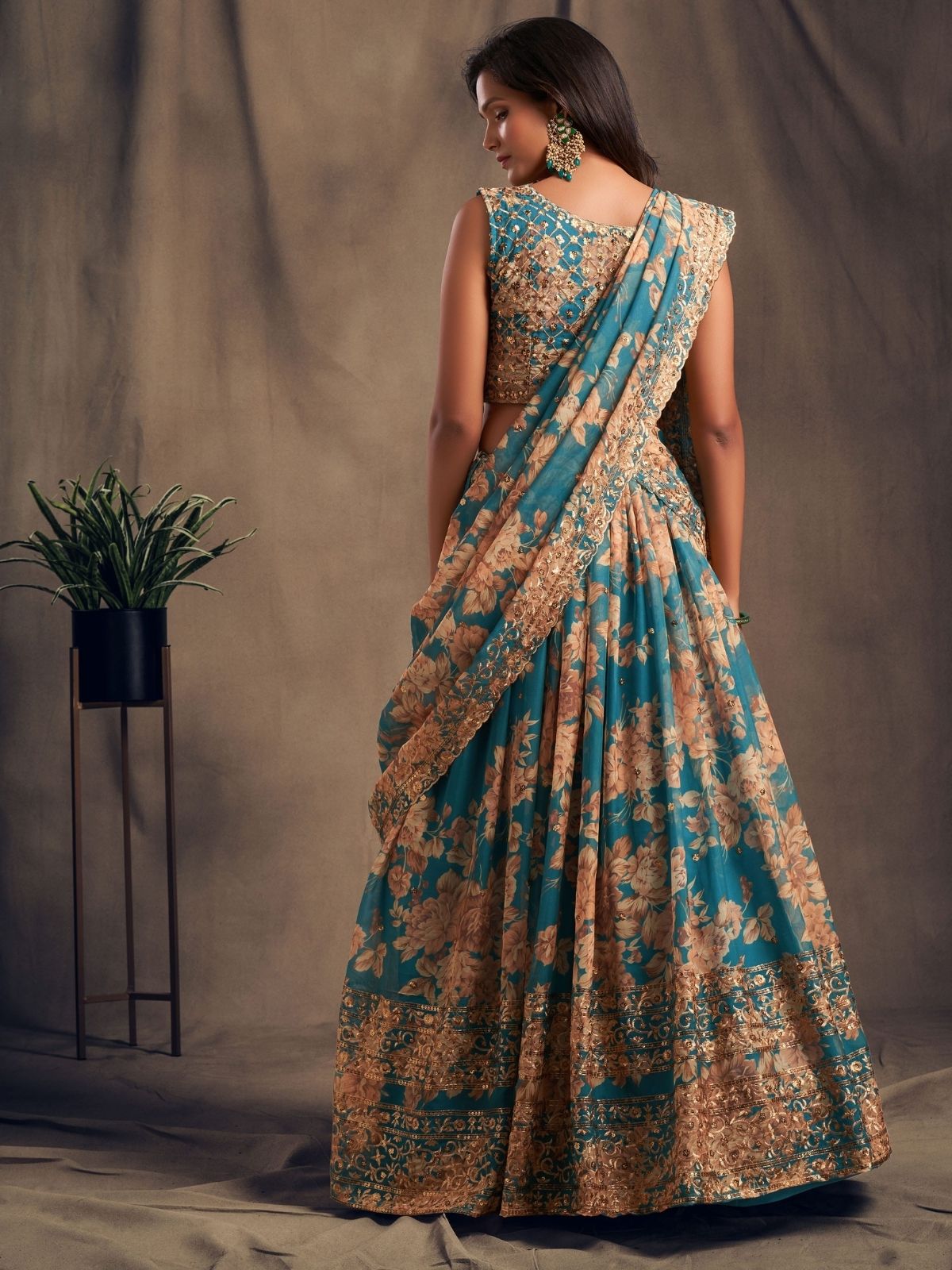Odette Teal Organza Printed Semi Stitched Lehenga With Unstitched Blouse For Women
