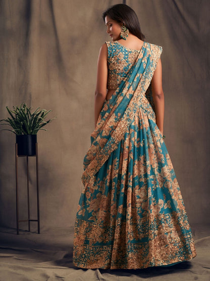 Odette Teal Organza Printed Semi Stitched Lehenga With Unstitched Blouse For Women