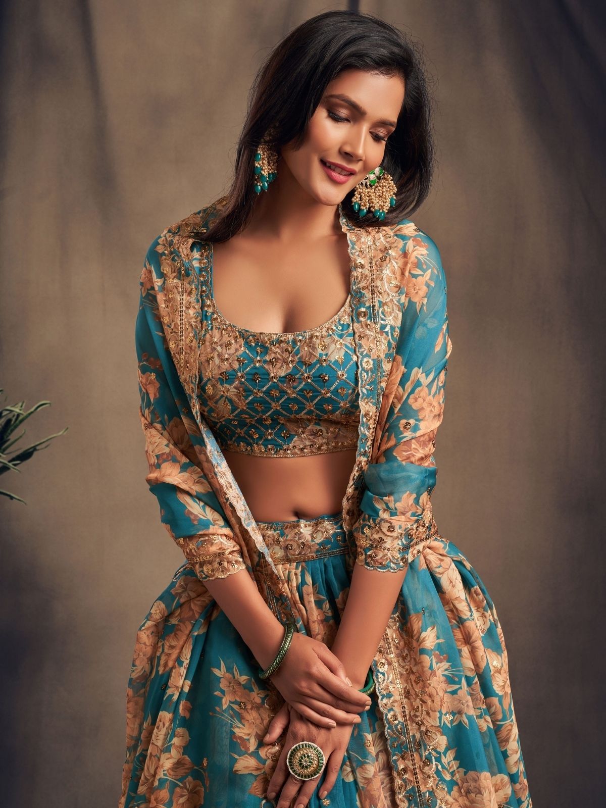 Odette Teal Organza Printed Semi Stitched Lehenga With Unstitched Blouse For Women