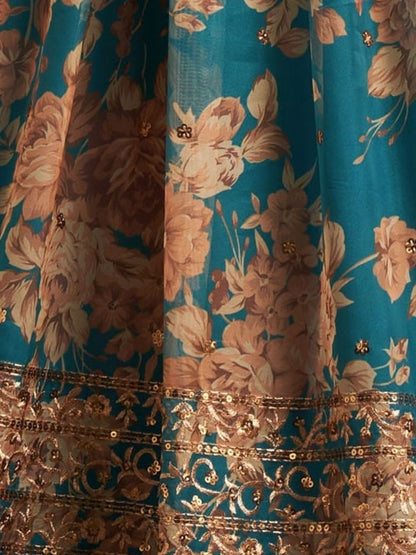 Odette Teal Organza Printed Semi Stitched Lehenga With Unstitched Blouse For Women