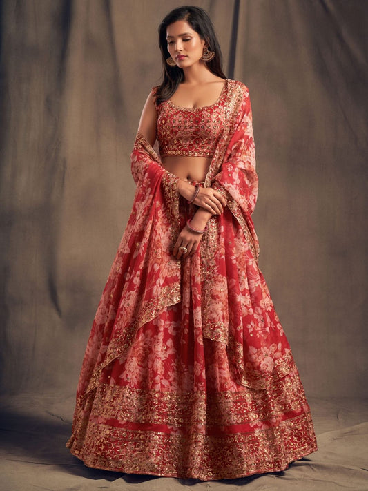 Odette Red Organza Printed Semi Stitched Lehenga With Unstitched Blouse For Women