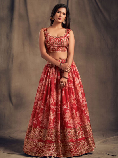 Odette Red Organza Printed Semi Stitched Lehenga With Unstitched Blouse For Women