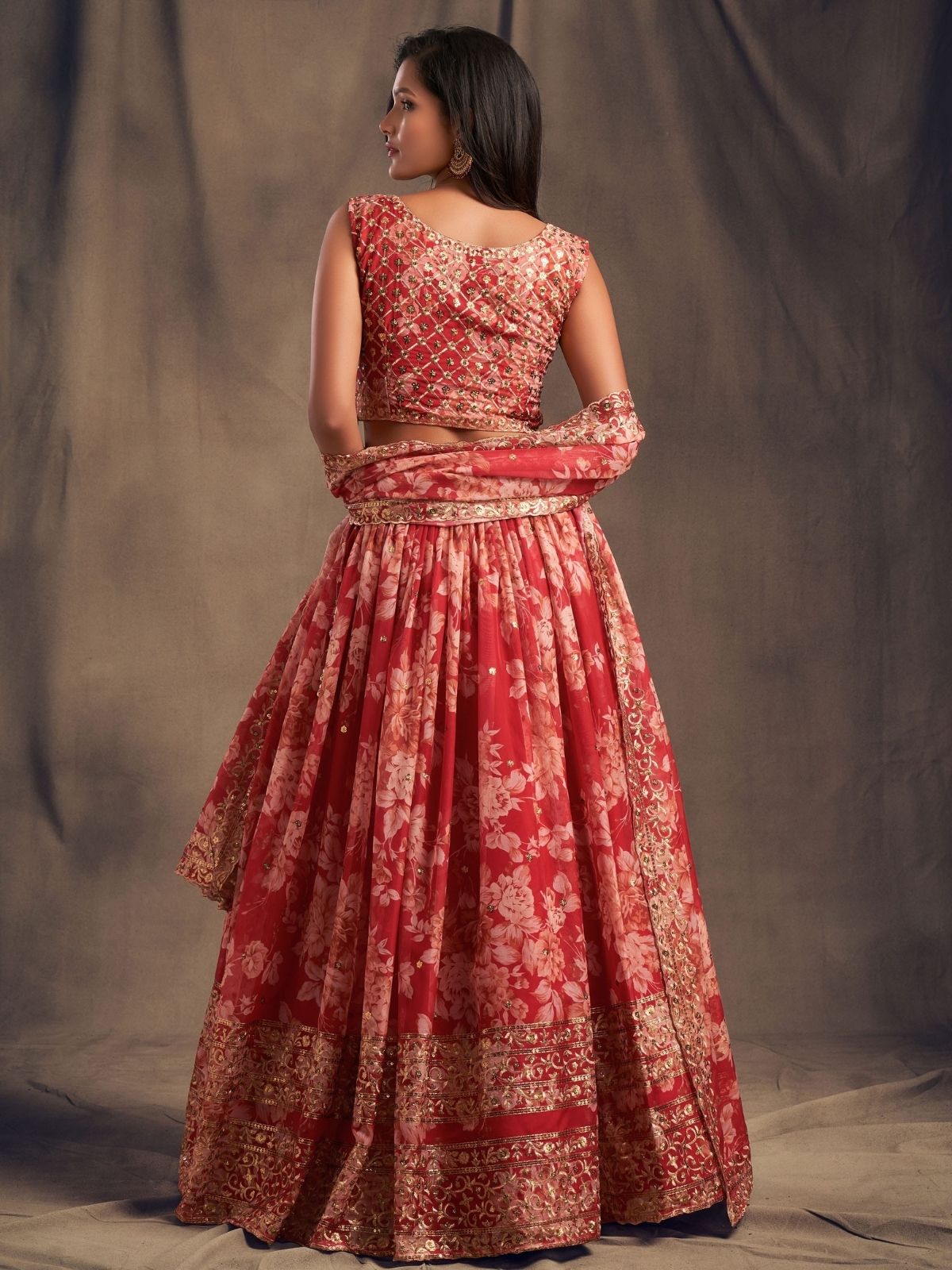 Odette Red Organza Printed Semi Stitched Lehenga With Unstitched Blouse For Women