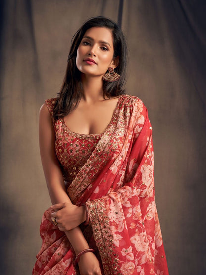 Odette Red Organza Printed Semi Stitched Lehenga With Unstitched Blouse For Women
