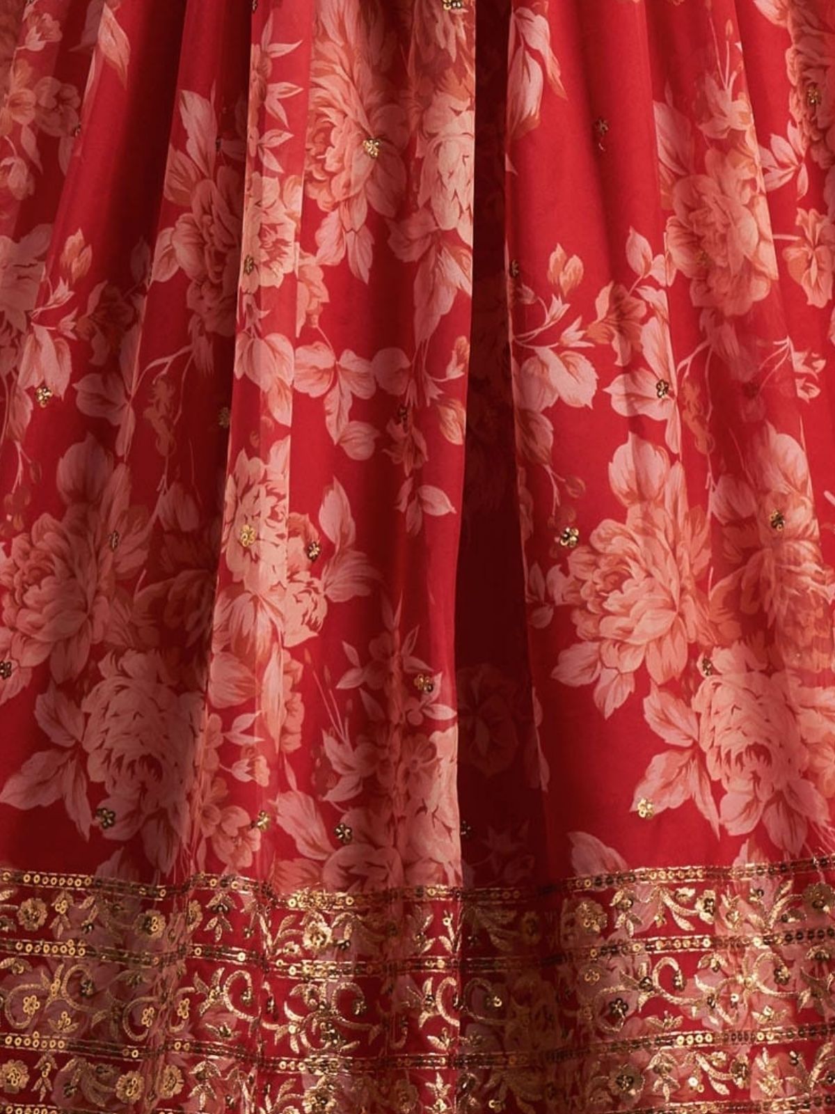 Odette Red Organza Printed Semi Stitched Lehenga With Unstitched Blouse For Women