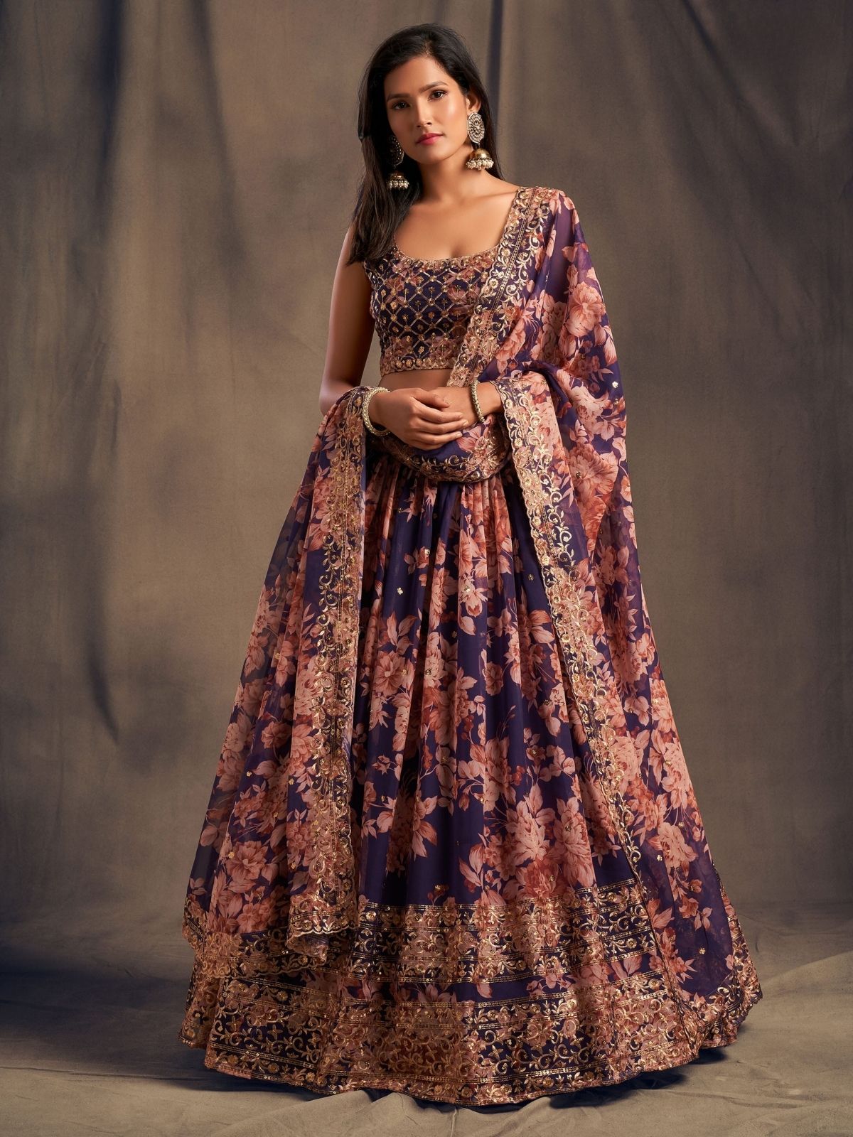 Odette Purple Organza Printed Semi Stitched Lehenga With Unstitched Blouse For Women