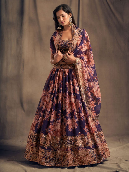 Odette Purple Organza Printed Semi Stitched Lehenga With Unstitched Blouse For Women
