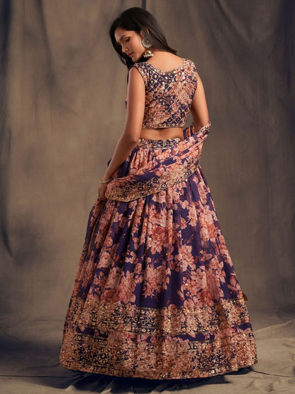 Odette Purple Organza Printed Semi Stitched Lehenga With Unstitched Blouse For Women