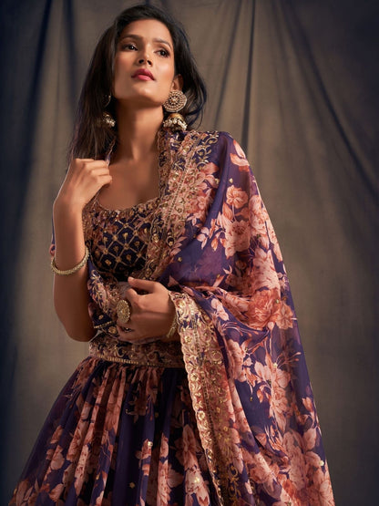 Odette Purple Organza Printed Semi Stitched Lehenga With Unstitched Blouse For Women
