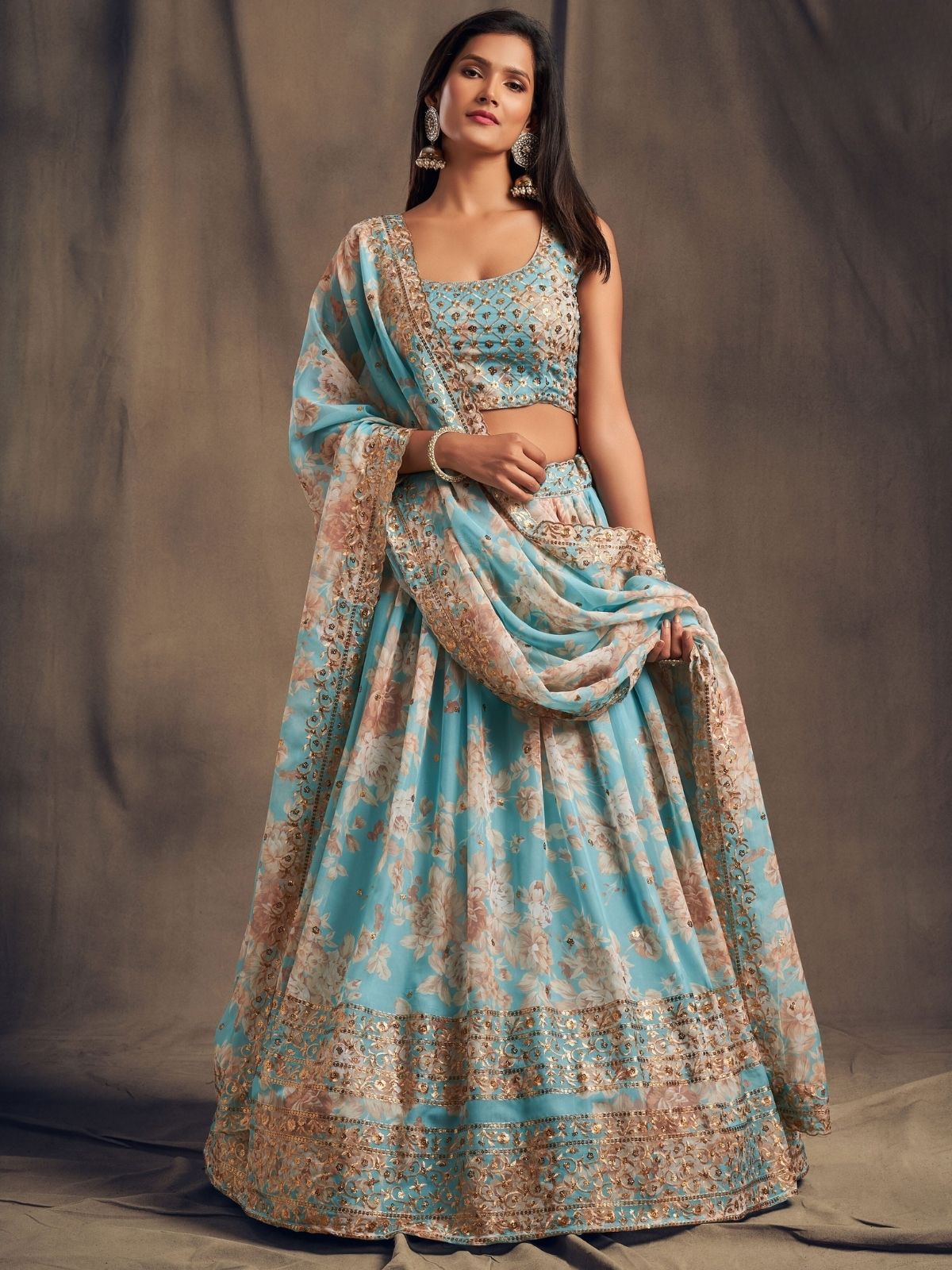 Odette Light Blue Organza Printed Semi Stitched Lehenga With Unstitched Blouse For Women