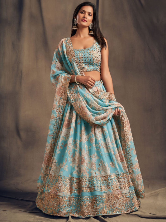 Odette Light Blue Organza Printed Semi Stitched Lehenga With Unstitched Blouse For Women