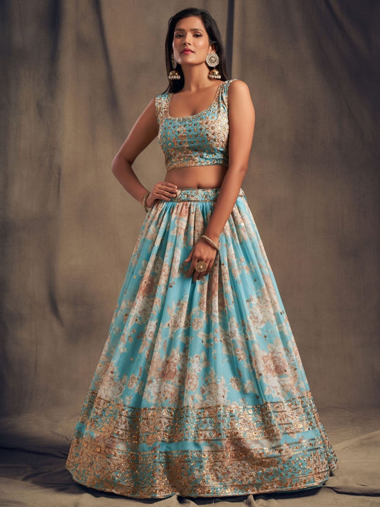 Odette Light Blue Organza Printed Semi Stitched Lehenga With Unstitched Blouse For Women