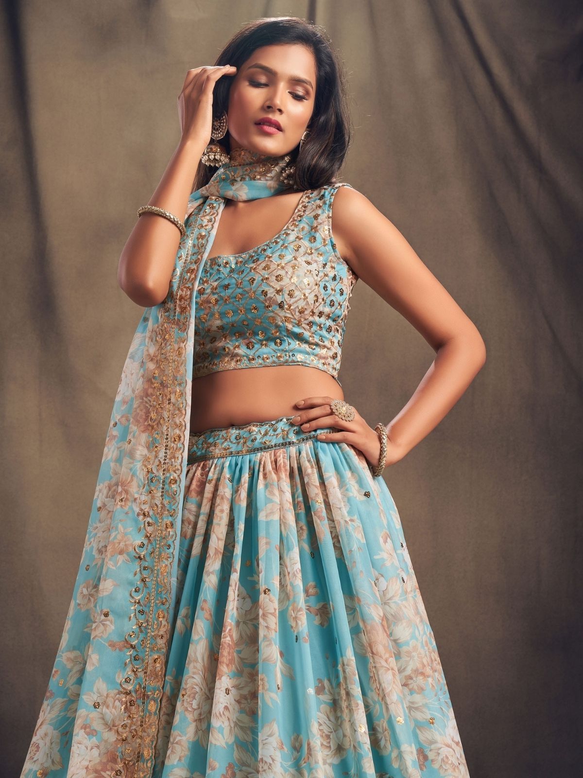 Odette Light Blue Organza Printed Semi Stitched Lehenga With Unstitched Blouse For Women
