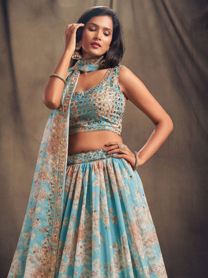 Odette Light Blue Organza Printed Semi Stitched Lehenga With Unstitched Blouse For Women