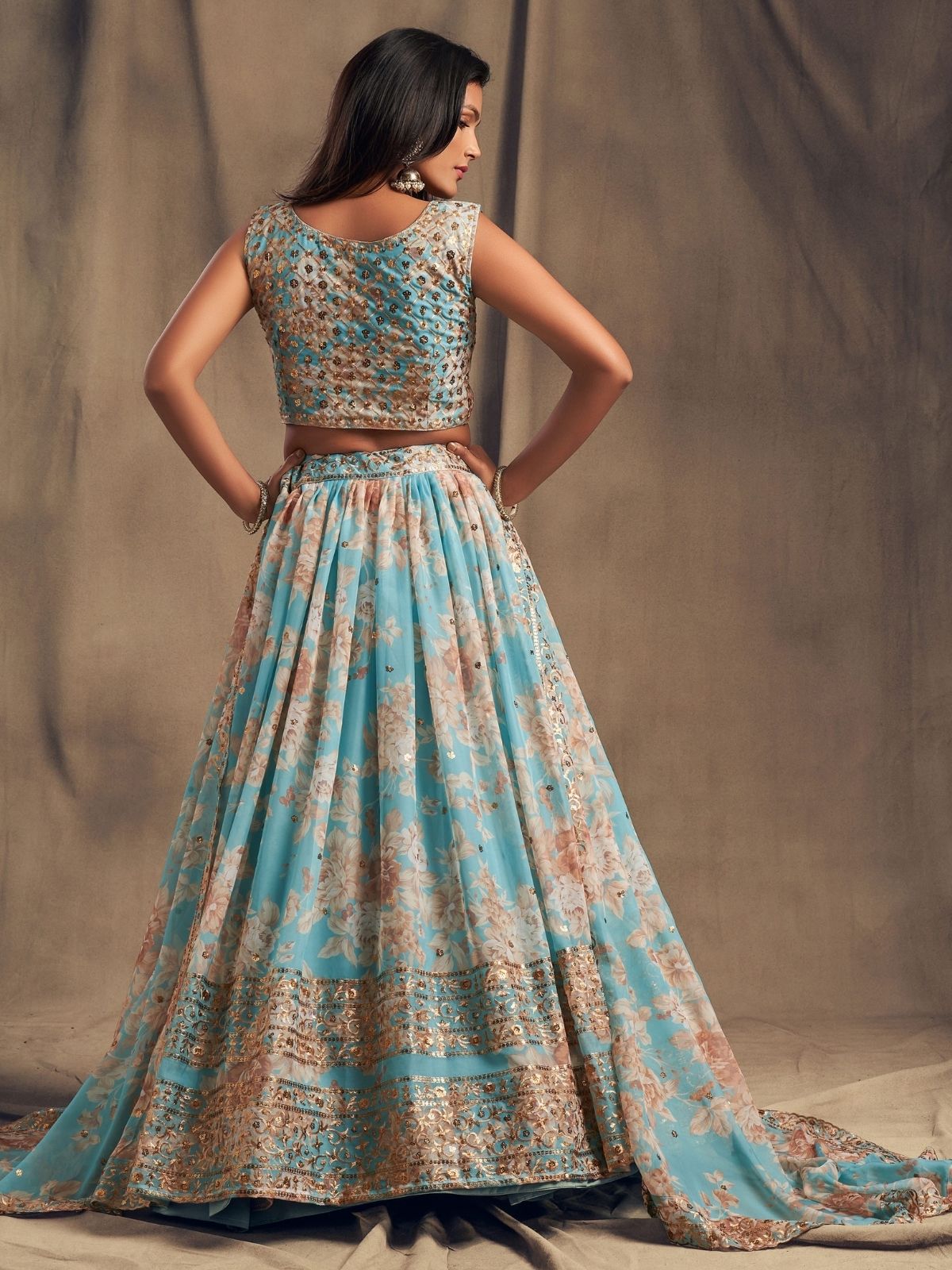 Odette Light Blue Organza Printed Semi Stitched Lehenga With Unstitched Blouse For Women