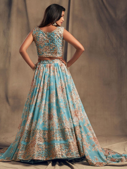 Odette Light Blue Organza Printed Semi Stitched Lehenga With Unstitched Blouse For Women