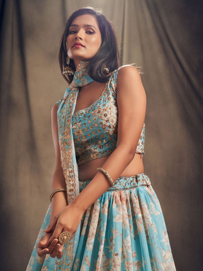 Odette Light Blue Organza Printed Semi Stitched Lehenga With Unstitched Blouse For Women