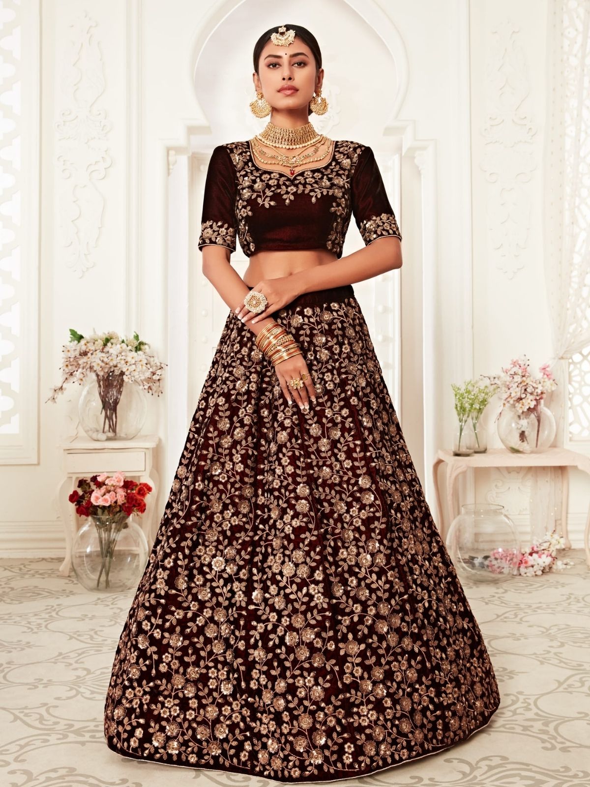 Odette Maroon Velvet Embroidered Semi Stitched Lehenga With Unstitched Blouse For Women