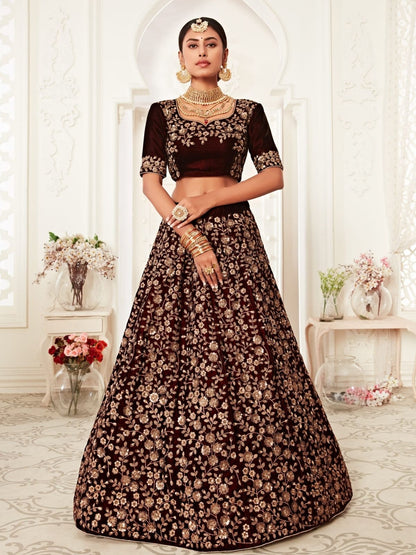 Odette Maroon Velvet Embroidered Semi Stitched Lehenga With Unstitched Blouse For Women