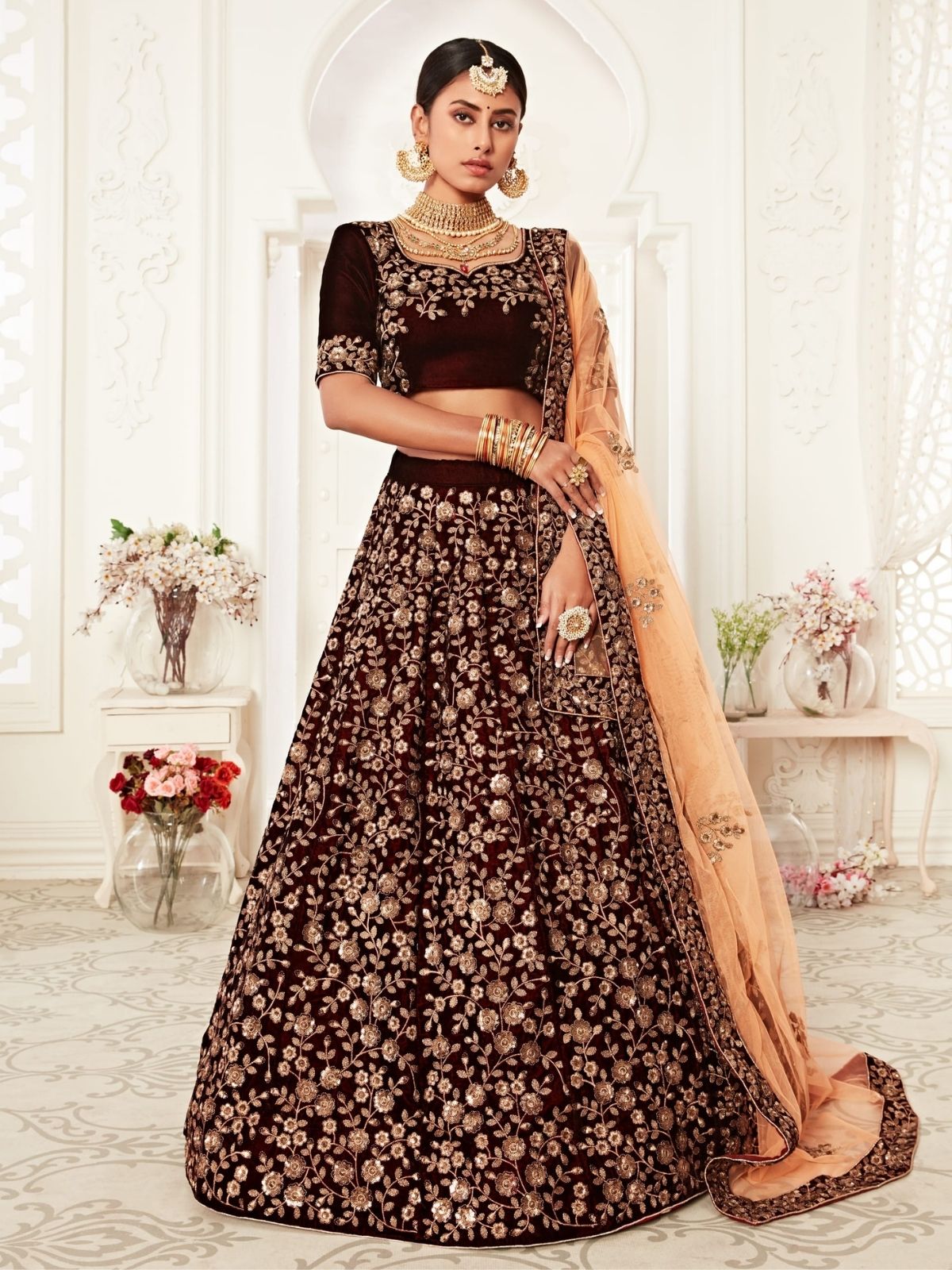 Odette Maroon Velvet Embroidered Semi Stitched Lehenga With Unstitched Blouse For Women