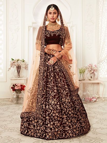 Odette Maroon Velvet Embroidered Semi Stitched Lehenga With Unstitched Blouse For Women