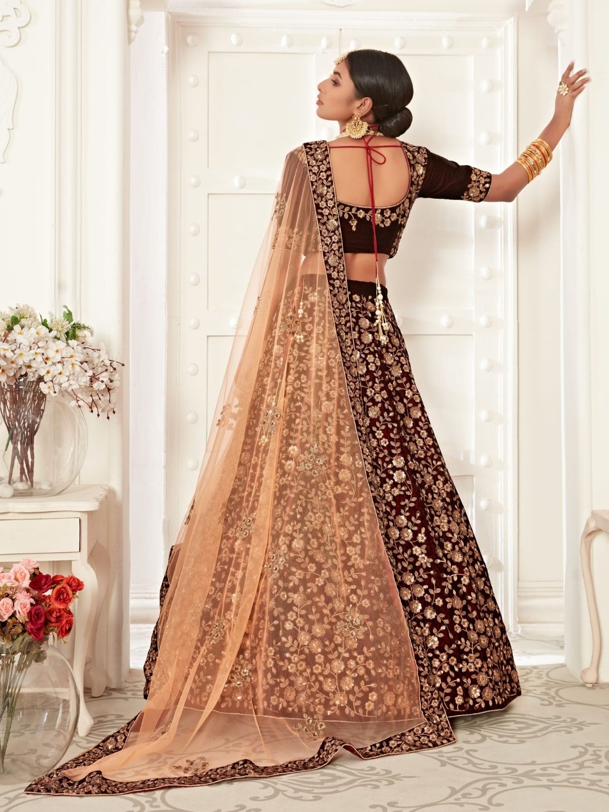 Odette Maroon Velvet Embroidered Semi Stitched Lehenga With Unstitched Blouse For Women