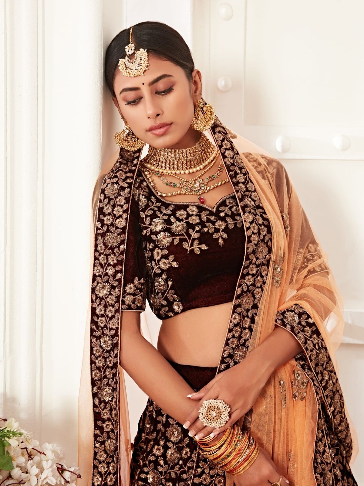 Odette Maroon Velvet Embroidered Semi Stitched Lehenga With Unstitched Blouse For Women