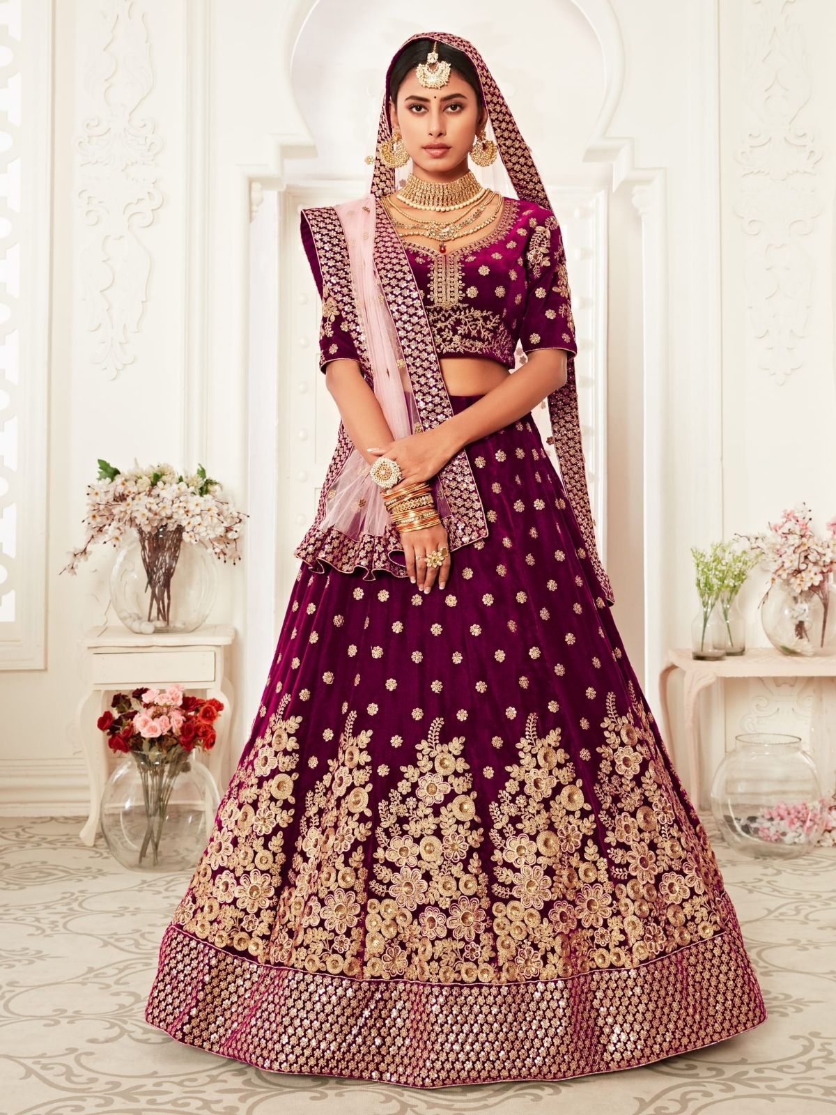 Odette Purple Velvet Embroidered Semi Stitched Lehenga With Unstitched Blouse For Women